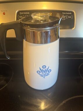 9 cup corning ware, blue corn flour percolator vintage